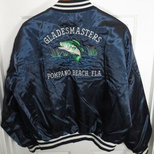 Vintage Satin Bomber Jacket Varsity USA Black 90s Ranger Boats Bass Fishing XL